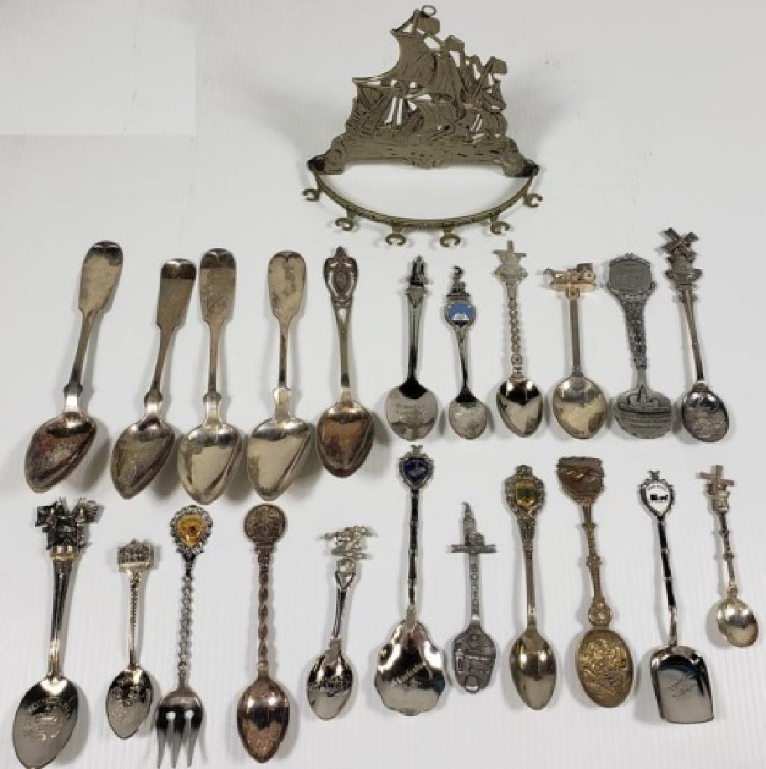*GROUP OF SILVERPLATE SOUVENIR SPOONS: Including "Amish Acres", "Frankfurt, Kentucky", "Kennedy Space Center, Florida", etc., along with 1 sterling silver spoon, 4 coin silver spoons, and figural souvenir spoon holder depicting sailboat.