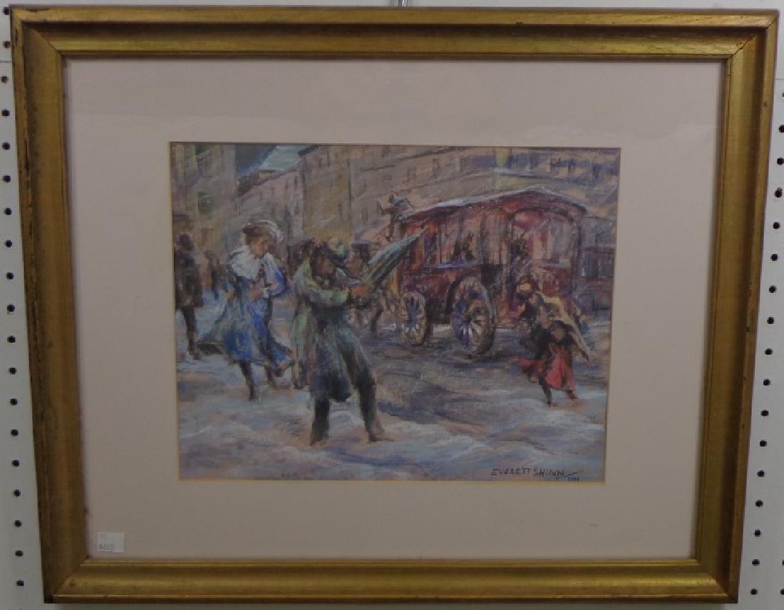 *SHINN, EVERETT: (1876-1953 American) Winter street scene, framed pastel painting, signed and dated 1904 lower right, has hand written note pertaining to history, originally from the Ex-Louis Sada Collection originall