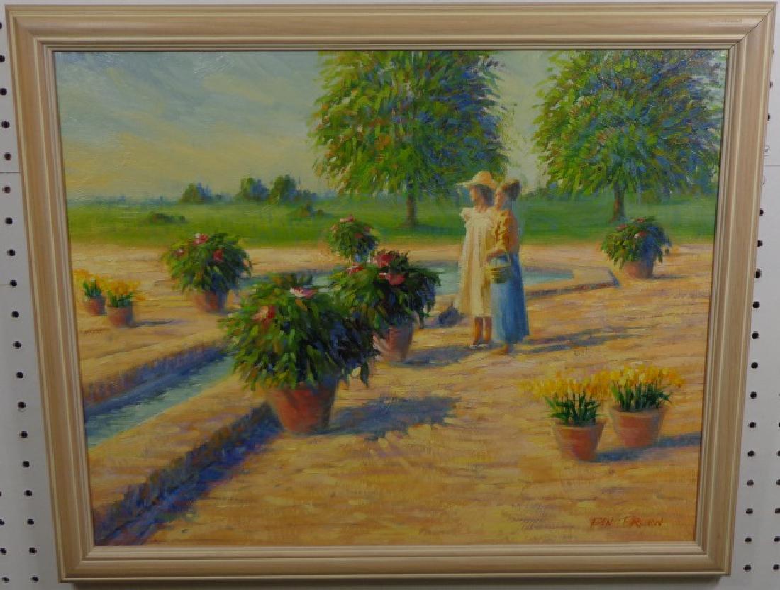 *BROWN, BEN: (Late 20th C. American) Flower garden, framed oil on canvas, signed lower right, having small notation of Tulsa Oklahoma 1988 on back stretcher bar, approximate work size 16" x 20", frame 18" x 22".