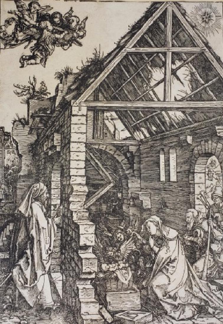 *DURER, ALBRECHT: (After) Visitors to newborn baby Jesus, late 17th to very early 18th C. wood engraving on watermarked paper, artist name bottom center, approximately 11 7/8" x 8 1/8".