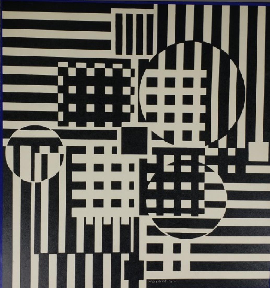 *AFTER VICTOR VASARELY: Geometric abstract, offset lithograph mounted to masonite panel with serigraph border, artist identification in image lower center, approximately 17 1/2" x 16 1/2".