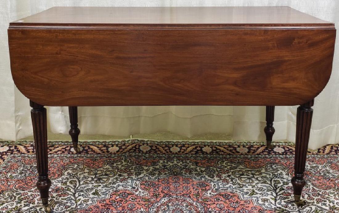 *19TH C. MAHOGANY DROP-LEAF TABLE: Raised on circular tapering legs, approximate height 20 1/2", width 42", depth 22" closed, depth 43" open.