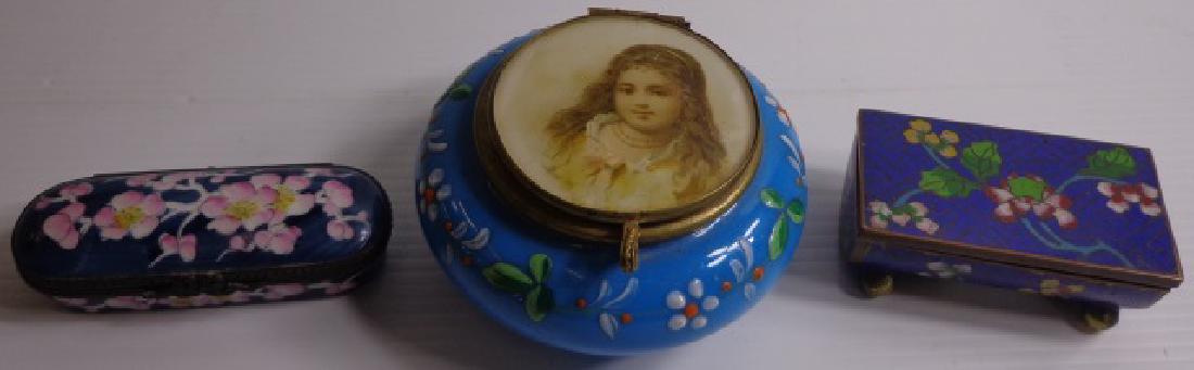 *3 PIECES: Cloisonne stamp box, oval Cloisonne trinket box, and art glass dresser box with portrait of young girl and enameled floral decoration.