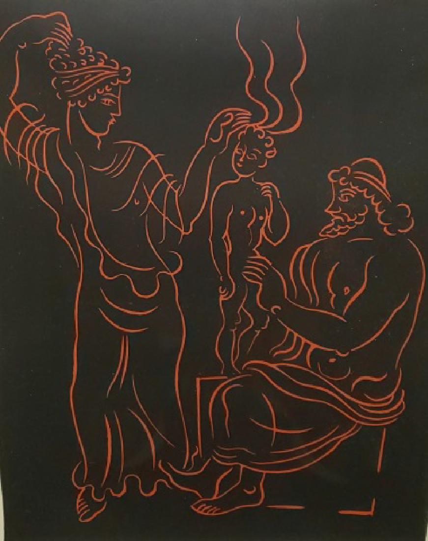 *AFTER ANDRE DERAIN: Ancient Greek figures, framed wood engraving, published by the Collectors Guild Limited of New York after artist death, ca. 1960s using one of his plates, has lithographed or ink-stamped signature dep