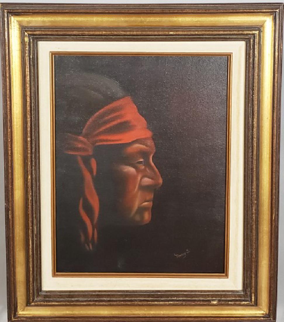 *NANCY S.: Profile of Native American, framed oil on canvas, signed lower right, approximately 14" x 11", with frame 19 3/4" x 16 3/4".