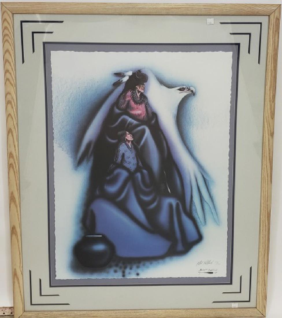 *REDBIRD, ROBERT: (1939-2016 Native American) "White Eagle Couple, Buffalo Warrior", framed graphic, signed and numbered 123/350 lower right, approximately 22 7/8" x 30 1/2", with frame 42 1/4" x 34 1/4".