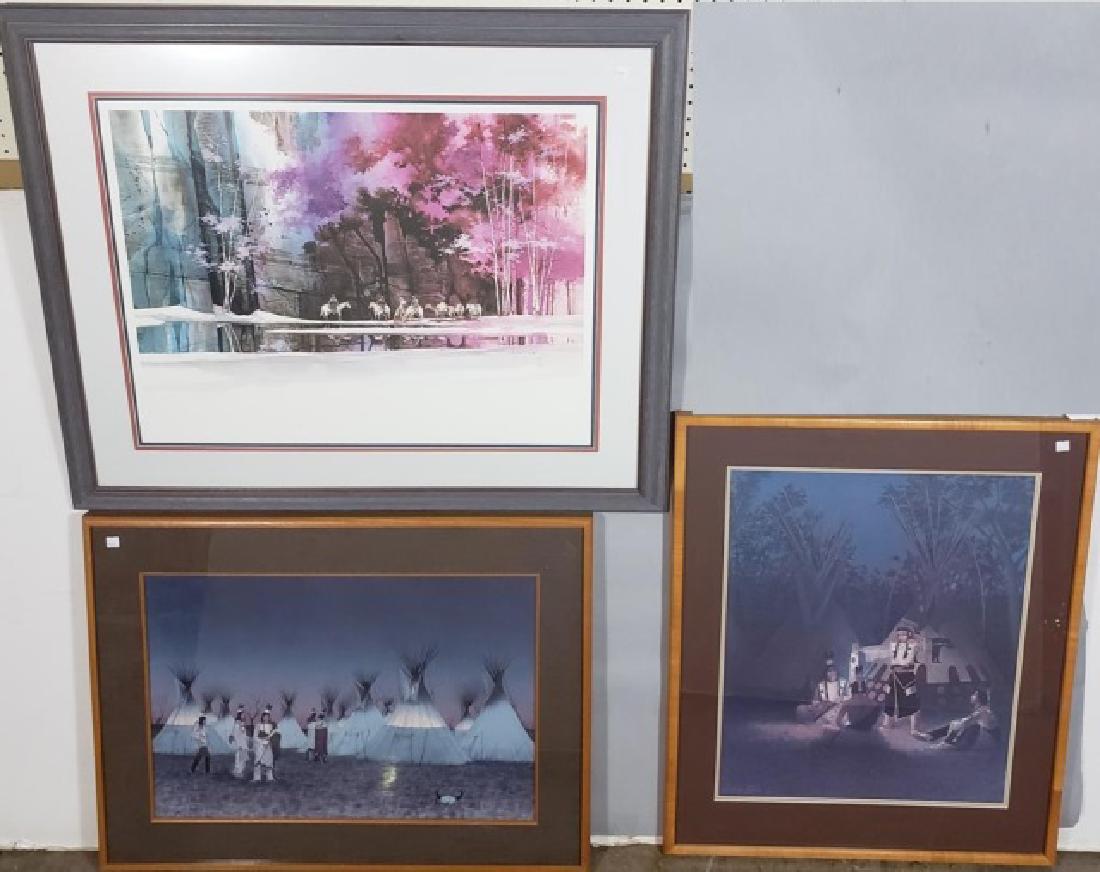 *3 FRAMED GRAPHICS: "Winter Reflections" by Michael Atkinson, signed and numbered 694/950 lower right, "Tall Tales on a Full Stomach" by Paladine Roye, signed and numbered 116/650 lower left, and Native Americans with te