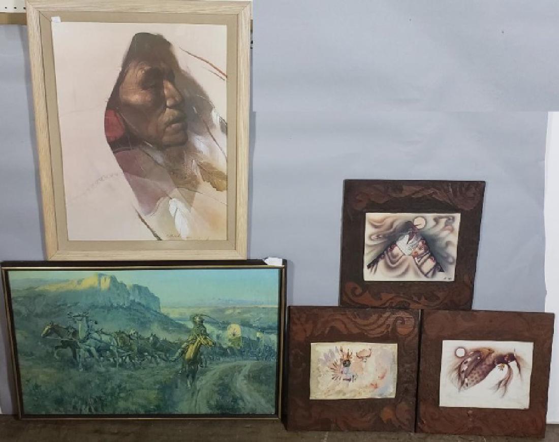 *5 FRAMED GRAPHICS: "Winds of Change" by C. Beck, signed lower right, "Moving the Wagon Up from the River Crossing" by Charles Russel Giclee, and 3 prints laid on carved wood boards, 2 by Robert Redbird, largest frame ap