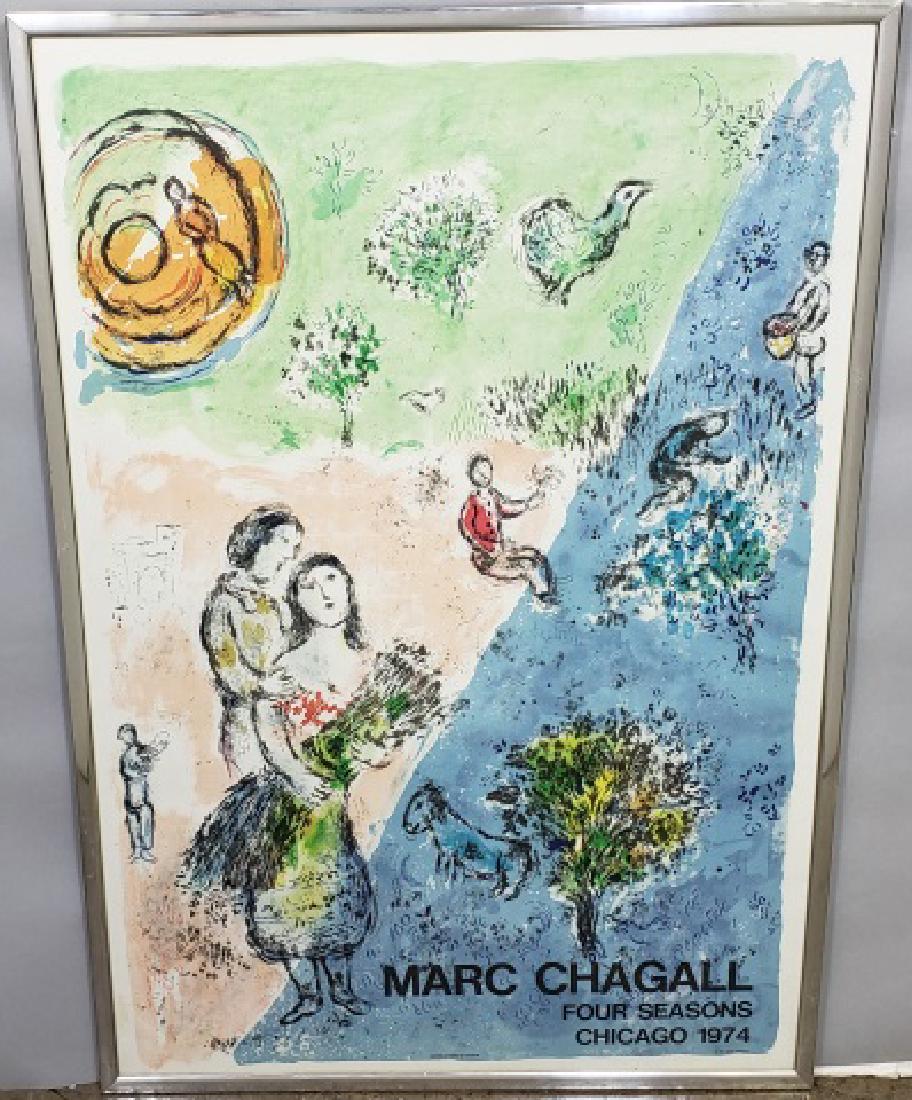 *CHAGALL, MARC: (1887-1985 French) 1974 Chicago Four Seasons, framed lithographic poster, printed by Mourlot, copyrighted 1974 by Marc Chagall, approximately 37" x 25", with frame 38" x 26".