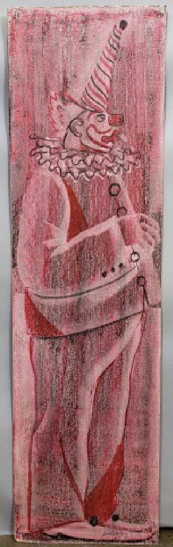 *WALKER, WILLIAM "BILL": (1927-2011 American) Profile of clown, unframed mixed media on board, signed Bill Walker and dated '59 lower right, approximately 35 7/8" x 10 1/8".