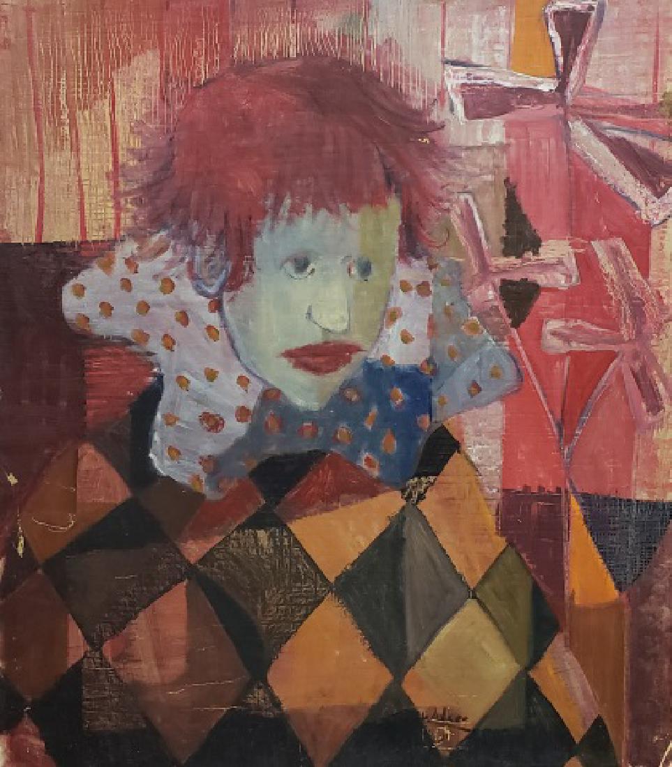 *WALKER, WILLIAM "BILL": (1927-2011 American) Clown with red hair, unframed mixed media on board, signed Walker and dated 1959 lower right, approximately 25 1/4" x 22".