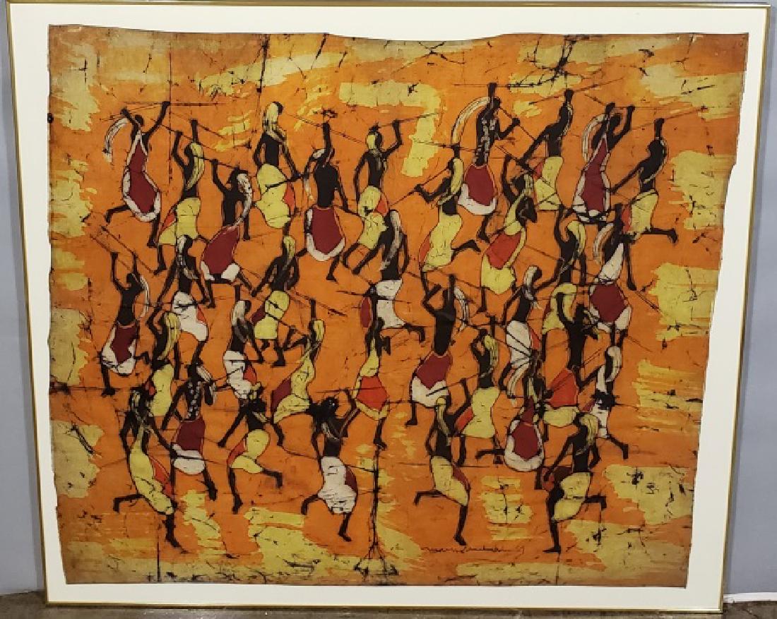 *UNKNOWN ARTIST: Figures dancing with spears, framed work on fabric, signed indistinctly lower center, approximate size with frame 36 5/8" x 40 5/8".