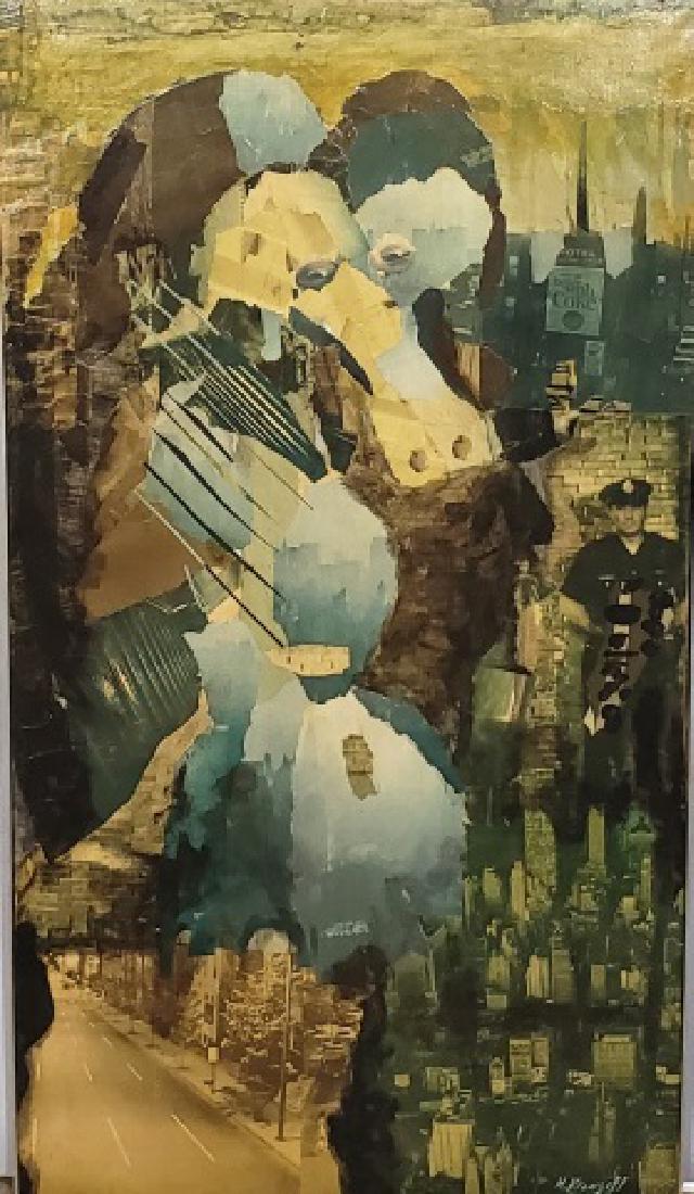 *KRAWZOFF, H.: (Mid-20th C. American) Chicago, mixed media collage consisting of cut-out paper, oil paints mounted to canvas, and varnish, artist identification lower right, approximately 38 1/4" x 21 1/4".