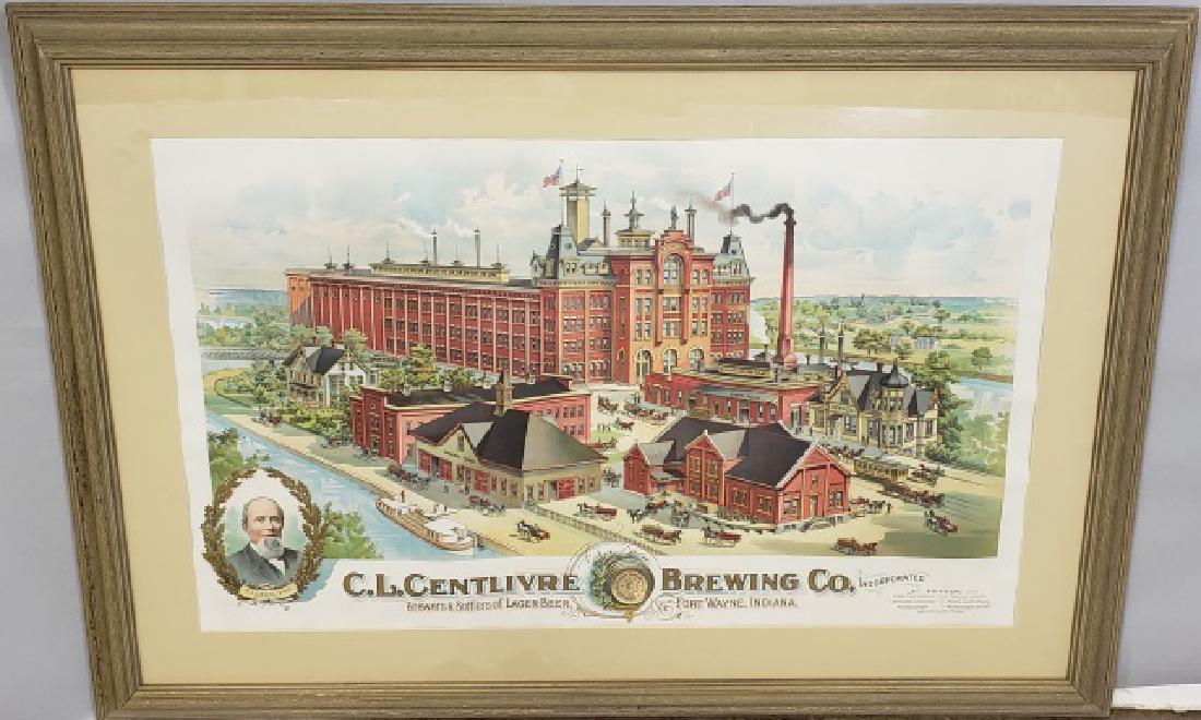 *C.L. CENTLIVRE BREWING CO. ADVERTISING POSTER: "C.L. Centlivre Brewing Co, Brewers and Bottlers of Lager Beer, Fort Wayne, Indiana", framed poster, approximately 22" x 36", with frame 32 3/8" x 46 1/4".