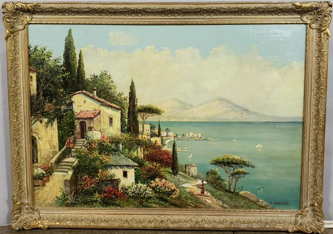 ARNEGGER, ALOIS: (1879-1967 Austrian) Villa off lake, framed oil on canvas, signed lower right, approximate canvas size 27 3/8" x 39 1/2", with frame 44 1/2" x 32 1/2".