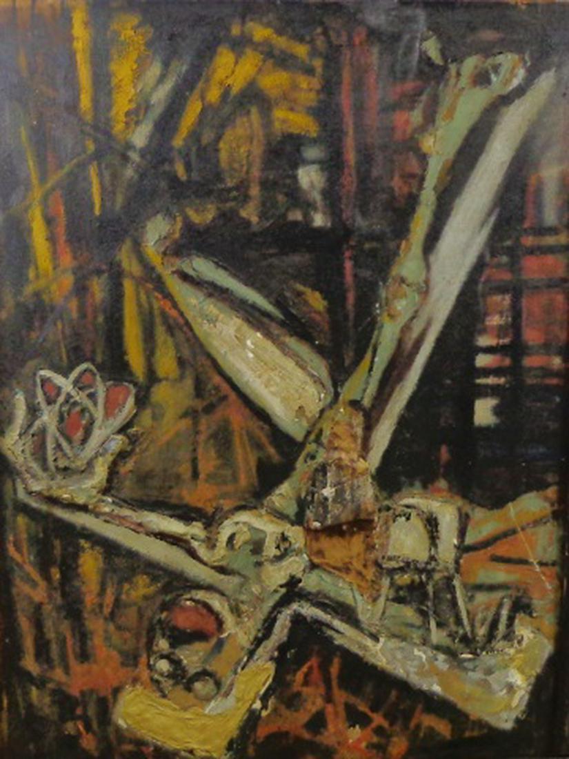 *JONES, ROBERT E. L.: (Born 1913 American) "Upside Down Crucifix", framed oil and plaster on board, signed and dated 1957 on verso, approximate work size 36" x 27", frame 42" x 34 3/4".