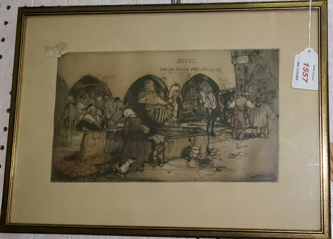 *COUSINS, ANDRE: (20th C. French) Market, framed aquatint etching, signed in plate lower right, approximate work size 6 1/2" x 11 1/2", frame 11 1/2" x 16 1/2".