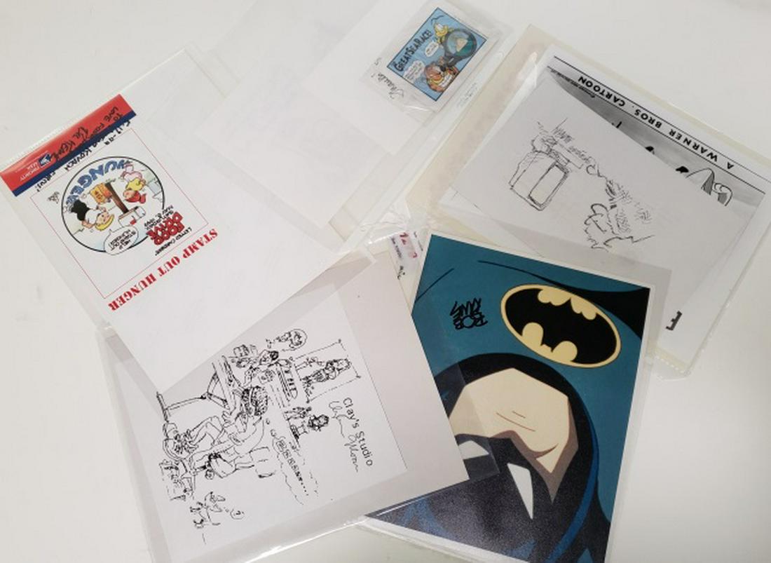 10 AUTOGRAPHED CARTOONS: 2 Garfields by Jim Davis, Broom Hilda by Russel Myers, Family Circus by Bil Keane, Roger Rabbit by Gary Wolf, Clay's Studio by Clayburn Moore, Batman by Bob Kane, and Bugs Bunny Friz Freleng, etc.