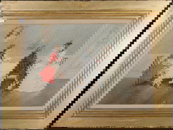 ***MORAN, JOHN LEON| (1864-1941 American) Elegant: ***MORAN, JOHN LEON| (1864-1941 American) Elegant French interior scene, framed watercolor on paper, signed Leon Moran lower right, circa 1900, 15 3/4'' x 23 1/2''. CONDITION: Good, unexamined out of