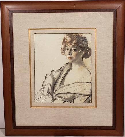 ATTRIBUTED TO PAUL BERTHON: (1872-1909 French) Portrait of a woman, framed pencil and crayon with gouache, signed lower left, approximately 12" x 9 3/8", with frame 23 1/2" x 20 1/2".