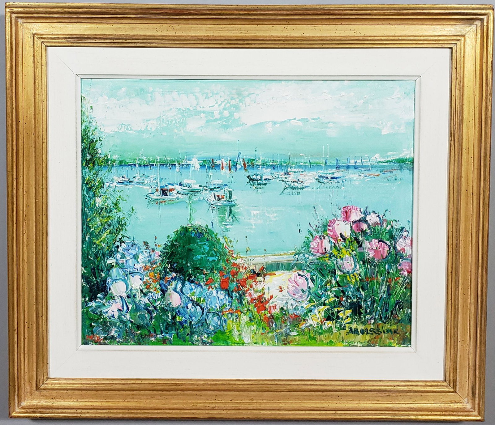 *ARDISSONE, YOLANDE: (1927- French) "Loc Mariquer", framed oil on canvas, signed lower right, titled on verso, approximately 13 1/8" x 16 1/4", with frame 20" x 23".