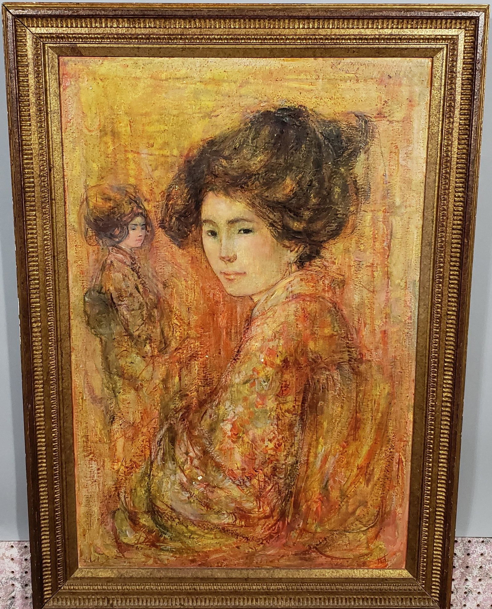 HIBEL, EDNA: (1917-2014 American) "Shizu", framed oil glaze on canvas, signed lower left, has label on verso giving title and original price, ca. 1970s, of 3,500, approximately 36" x 24", with frame 41 1/2" x 29 1