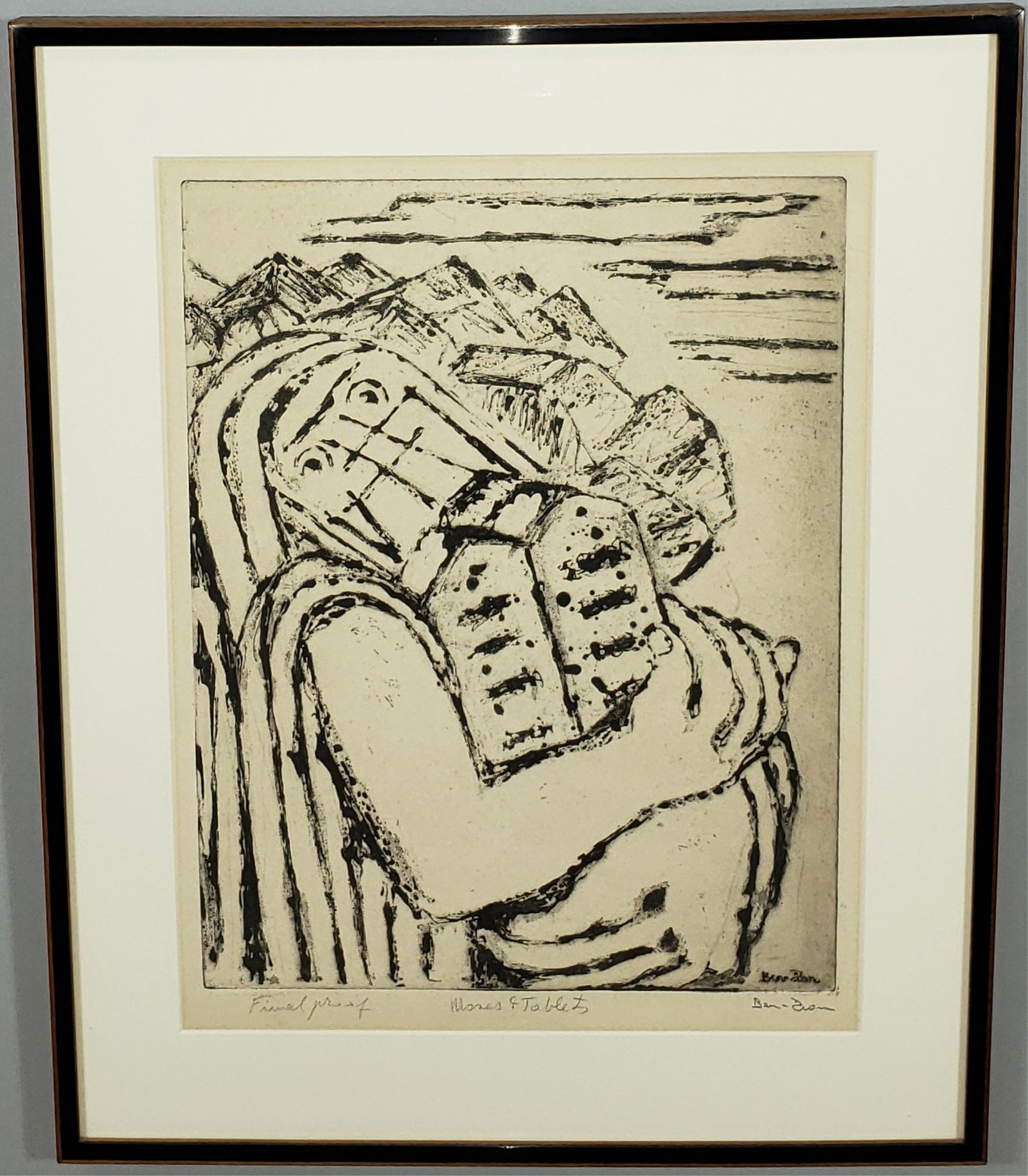 *BEN-ZION: (1897-1987 Ukrainian) "Moses and Tablets", framed etching, signed and noted as final proof lower left, approximately 17 3/4" x 14 5/8", with frame 25" x 20 1/2".