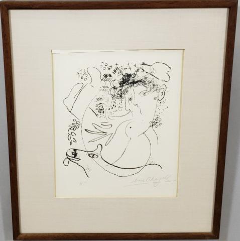 *CHAGALL, MARC: (1887-1985 Russian) "Bouquet a la Main", framed black and white lithograph, signed lower right, noted as hors commerce edition lower left, has label from the Associated American Artist Group on verso 