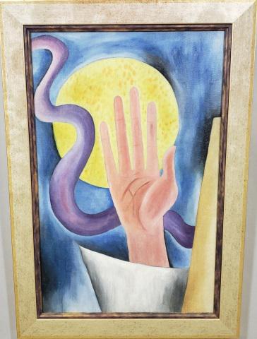 GASSLANDER, KARL: (1905-1997 American) Hand with moon, framed oil on canvas board, piece originally from the estate of Karl Gasslander ca. 2002, approximately 24" x 15", with frame 28" x 19".