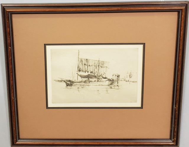UNKNOWN ARTIST: In the style of James Whistler, fishing boat along Venetian canal, framed etching, printed after cancellation, approximately 6 3/8" x 9", with frame 16" x 18 1/2".