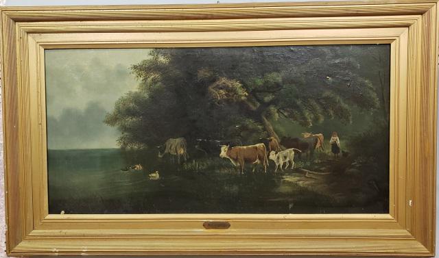 *HOLMES, MARSHALL H.: (19th C. American) Landscape with cattle, framed oil on canvas, signed lower right, approximately 20" x 40", with frame 29" x 49".