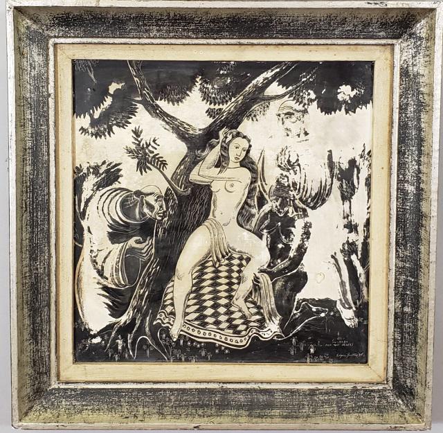 *BRITTON, EDGAR: (1901-1982 American) Nude and monk, framed casein on board, signed and dated 1934 lower right, approximately 10 1/4" x 9 3/4".