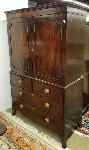 *19TH C. MAHOGANY LINEN PRESS: Upper section having flat-molded cornice over 2 doors, lower section fitted 2 half-drawers over 2 drawers, approximate height 80", width 50", depth 22 1/2".