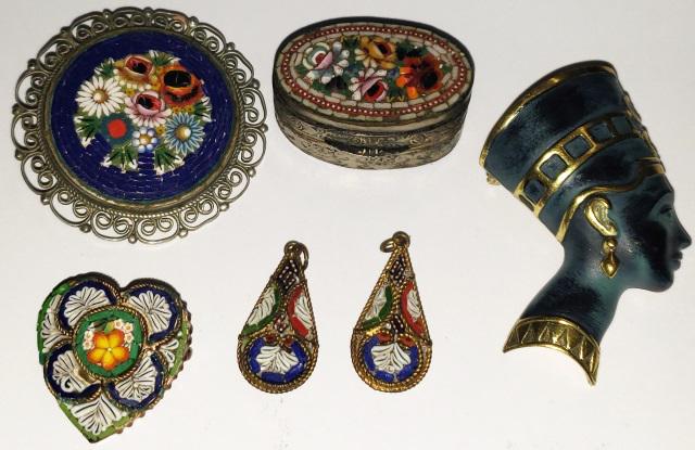 *GROUP OF JEWELRY: Nefertiti pin marked "Germany" and 5 micro mosaic pieces consisting of 2 pins, 2 pendants, and pill box having floral decoration.