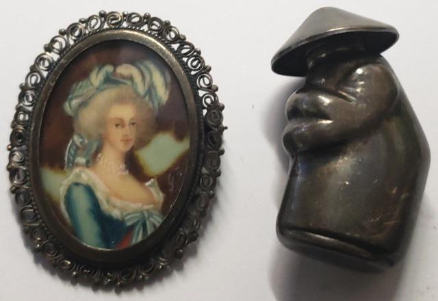 *2 PIECES OF SILVER: Sterling silver figural snuff bottle and pin with hand-painted portrait of woman in blue dress marked "800".