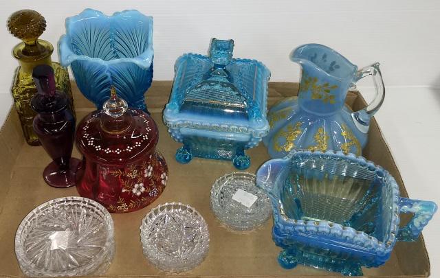 *GROUP OF GLASSWARE: Cranberry glass covered jar with enamel decoration, cut glass coasters, amethyst glass dresser bottle, etc.