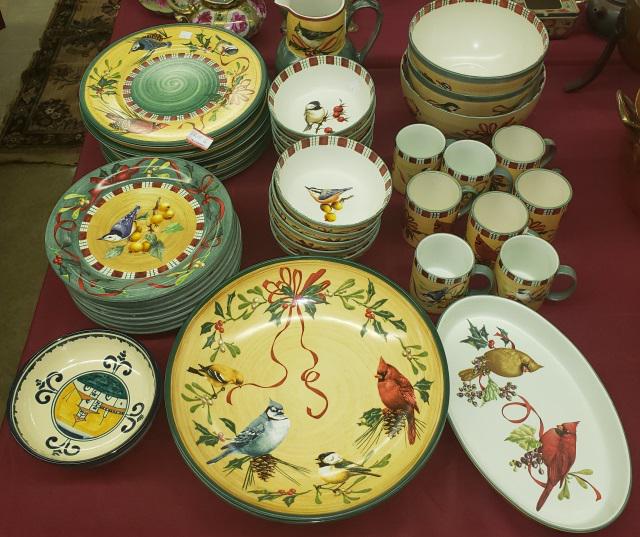 *SET OF LENOX DINNERWARE: Winter Greetings Everyday, 8 dinner plates, 6 chargers, 5 serving bowls, pitcher, 8 mugs, oval bowl, and 10 soup bowls.