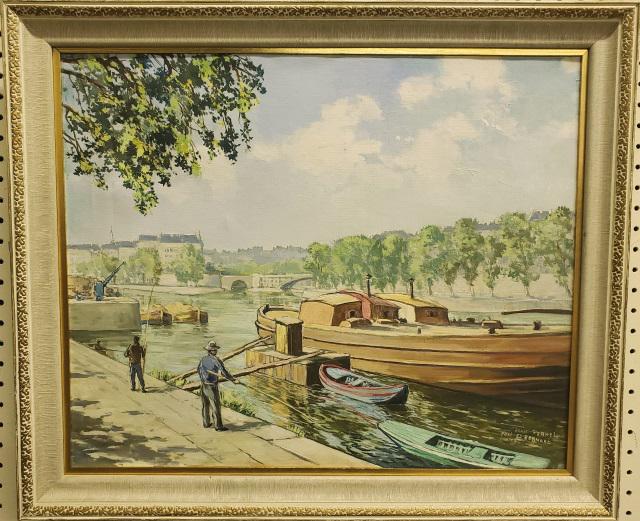 *PERNEL, JEAN: (20th C. French) "Quai St. Bernard Paris", framed oil on canvas, signed lower right, approximately 19 3/4" x 23 5/8", with frame 23 1/2" x 28".