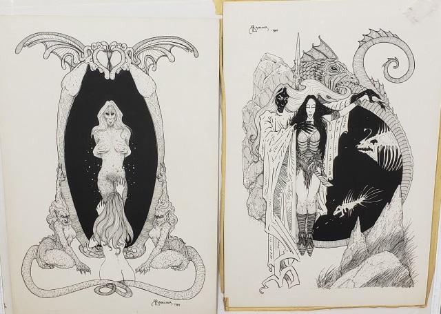 *BROECKER, RANDY: (20th C. American) 2 original illustrations depicting figures, ink on cardboard, both signed and dated 1984, approximately 15" x 10".