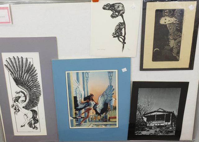 *5 UNFRAMED PIECES: "Night Owls" etching by Randy Broecker, lithograph depicting iguanas by Joan Vinge, photograph by unknown artist, offset lithograph by Don Maitz, signed and numbered from edition of 100, and "Pegasus"