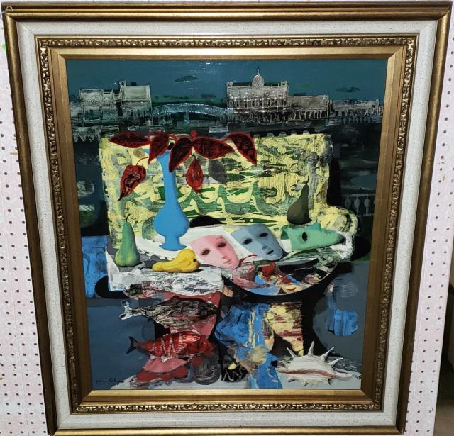 *CALOGERO, JEAN: (1922-2001 French) Surrealist still life with objects on table and Venice in distance, framed oil on canvas, signed lower left, approximate work size 28 1/4" x 23", frame 36" x 31".