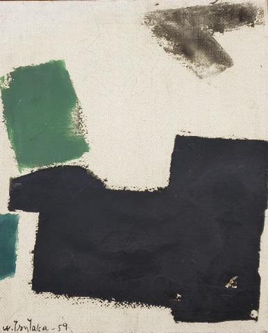 *TSUTAKA, WAICHI: (1911-1995 Japanese) Abstract, framed oil on burlap canvas, signed and dated 1959 lower left, signed on verso, approximately 17 3/4" x 14 5/8", with frame 18 1/2" x 15 3/4".