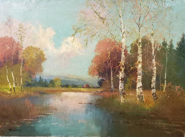 *WALDEGG, FRANZ: (Early 20th C. German/American) River landscape, unframed oil on canvas, signed lower right, approximately 23 5/8" x 32".