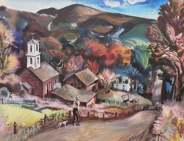 WPA-STYLE LANDSCAPE BY RAINEY BENNETT: Depicting village scene, framed gouache and watercolor, signed and dated 1942 lower right, approximately 18 1/2" x 23", with frame 27 1/2" x 31 1/2".