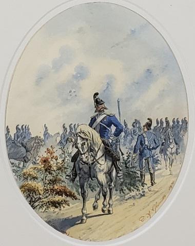 UNKNOWN ARTIST: (19th C. European School) Scene from Franco Prussian War depicting the 12th Corps from Saxony, framed watercolor, signed indistinctly and dated 1873 lower right, approximately 6" x 4 1/2", with frame