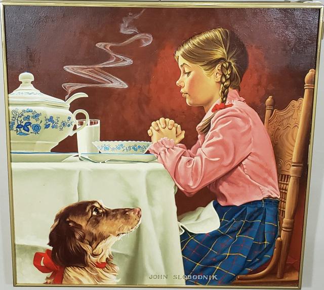 *SLOBODNIK, JOHN: (20th C. American) Young girl giving grace, framed oil on canvas, signed lower right, approximately 29 1/2" x 29 1/2", with frame 30 1/2" x 30 1/2".