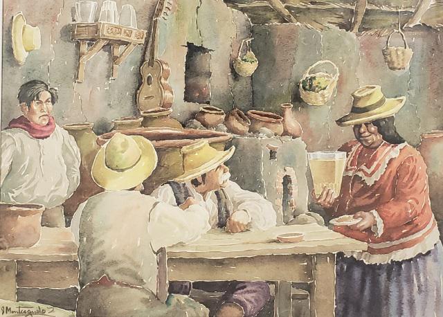 *MONTEAGUDO, G.: (20th C. Central American) Interior dinner scene with men and woman, framed watercolor, signed lower left, approximately 13 3/4" x 18 3/4", with frame 18 1/2" x 23 1/2".