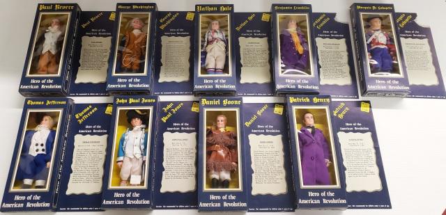 GROUP OF DOLLS: American Revolution dolls including John Paul Jones, Daniel Boone, Benjamin Franklin, etc., all with original boxes.
