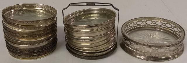 *18 STERLING SILVER COASTERS: With glass inserts, 1 with stand.