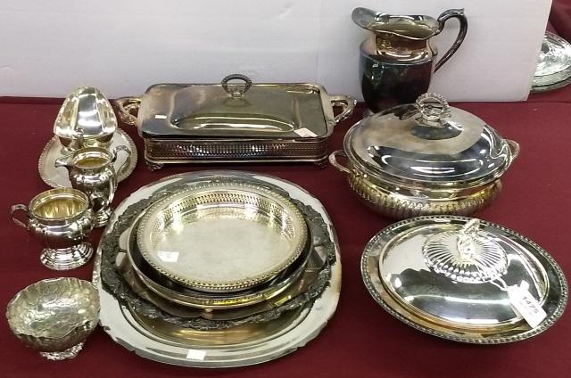 *GROUP OF SILVERPLATE: Casserole dishes, creamer, sugar, water pitcher, sauceboat with underdish, platter.